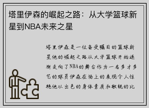 塔里伊森的崛起之路：从大学篮球新星到NBA未来之星